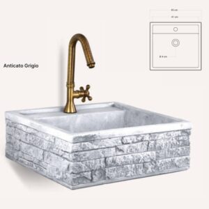 Lavello sospeso da muro 45×42 con predisposizione per rubinetto da appoggio.