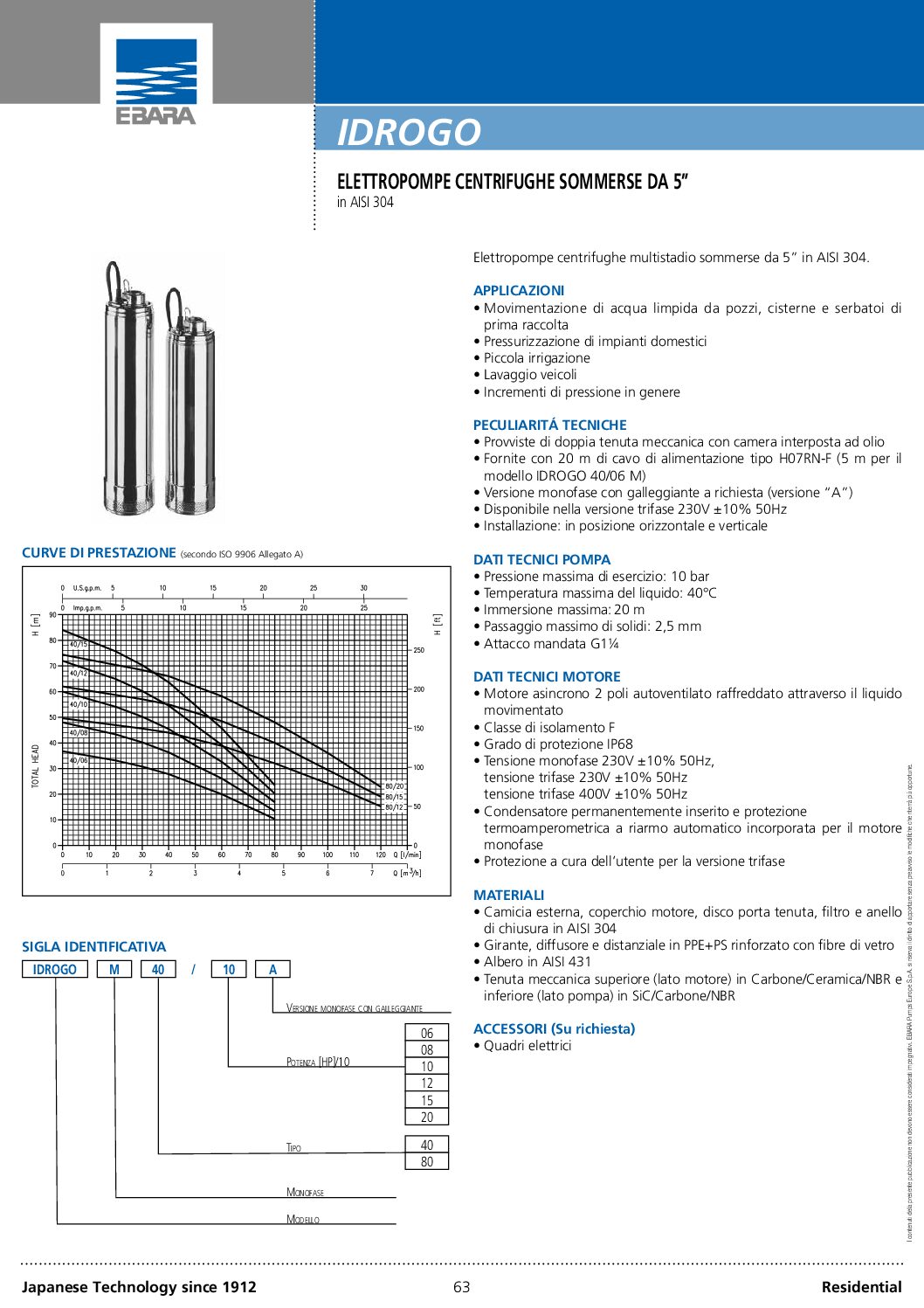 Elettropompa sommersa centrifuga multistadio IDROGO Ebara 1,00 hp acciaio inossidabile - immagine 4